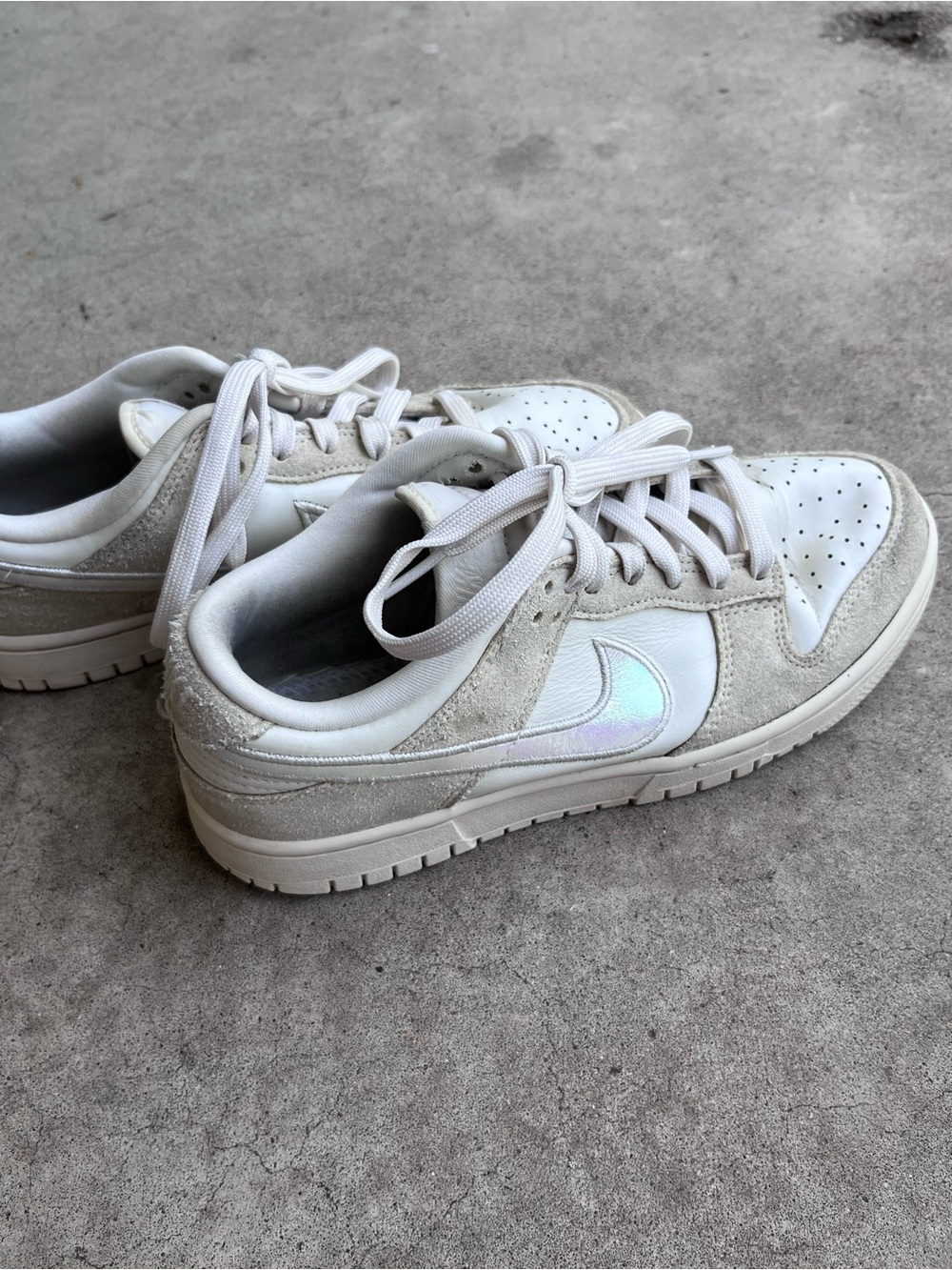 Nike Dunk Low Sneakers - White & Light Gray with Iridescent Swoosh